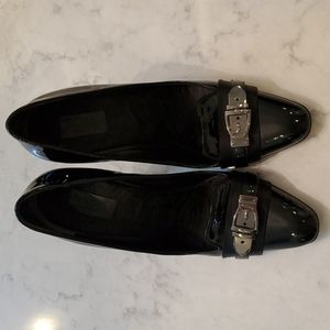 GUCCI Black Patent Leather Decollete Heels Pumps Womens 8 Buckle Silver